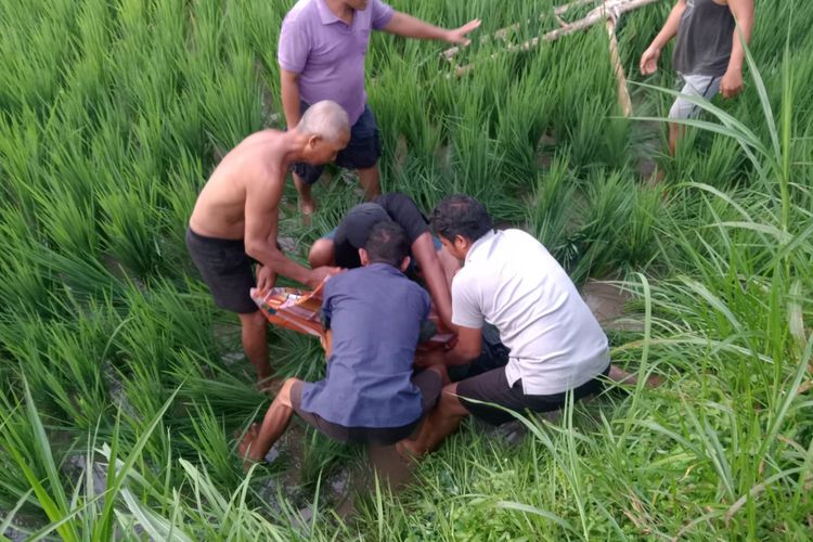 Warga mengevakuasi jasad Wayan Pasek Datri (58), warga Desa Alasangker, Kecamatan Buleleng, Kabupaten Buleleng, Provinsi Bali, yang ditemukan tewas di tengah sawah.