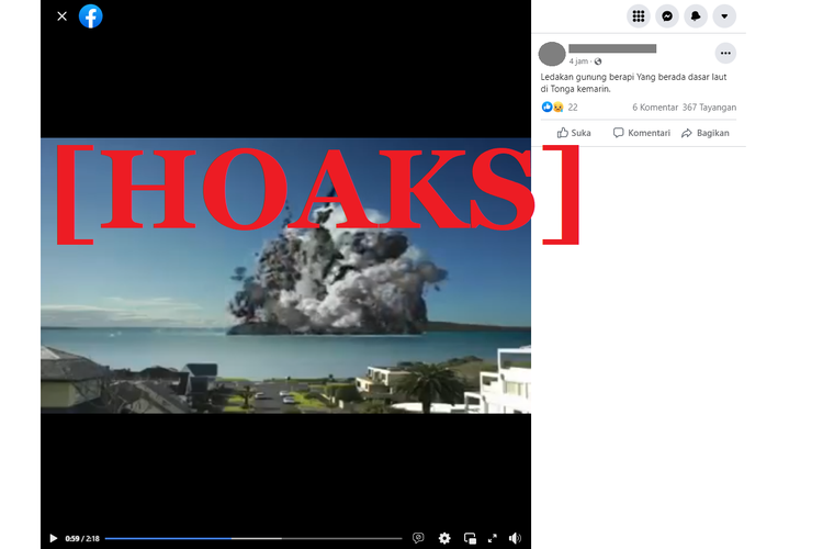 Tangkapan layar video hoaks di sebuah akun Facebook, yang diklaim sebagai letusan gunung berapi di Tonga.