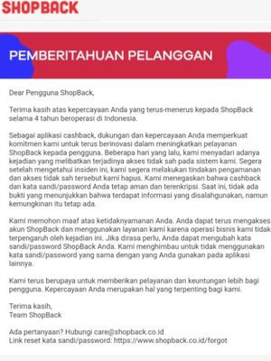 Isi surat keterangan resmi dari aplikasi ShopBack