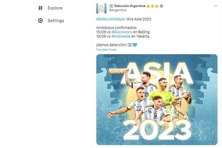 Federasi sepak bola Argentina mengonfirmasi Argentina melawan Indonesia pada 19 juni 2023.