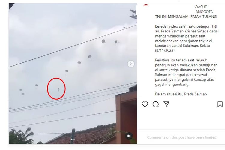 Viral video detik-detik anggota TNI jatuh saat latihan terjun