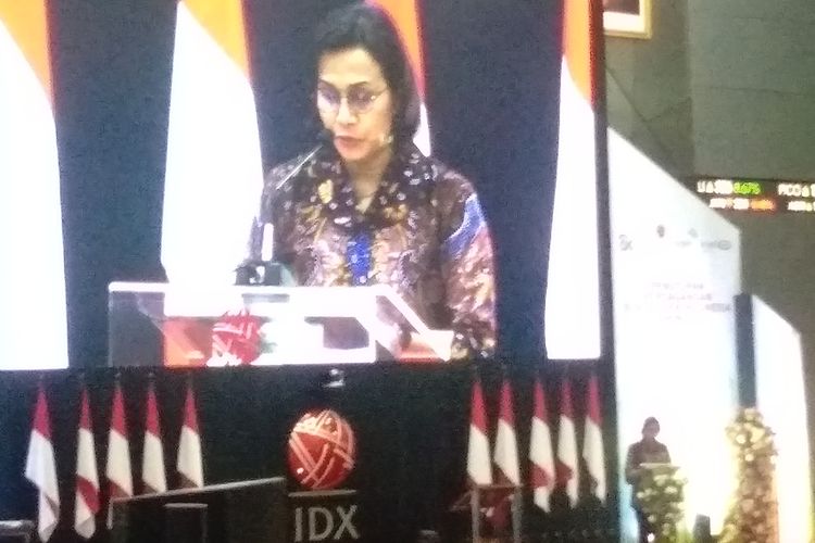 Menteri Keuangan Sri Mulyani Indrawati di Gedung BEI, Jakarta, Senin (30/12/2019).