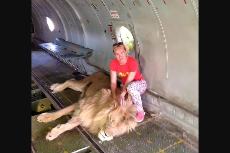 Olga Solomina (46) ketika berfoto dengan singa di Taman Safari Taigan di Crimea, Ukraina, sesaat sebelum dirinya diserang singa tersebut.