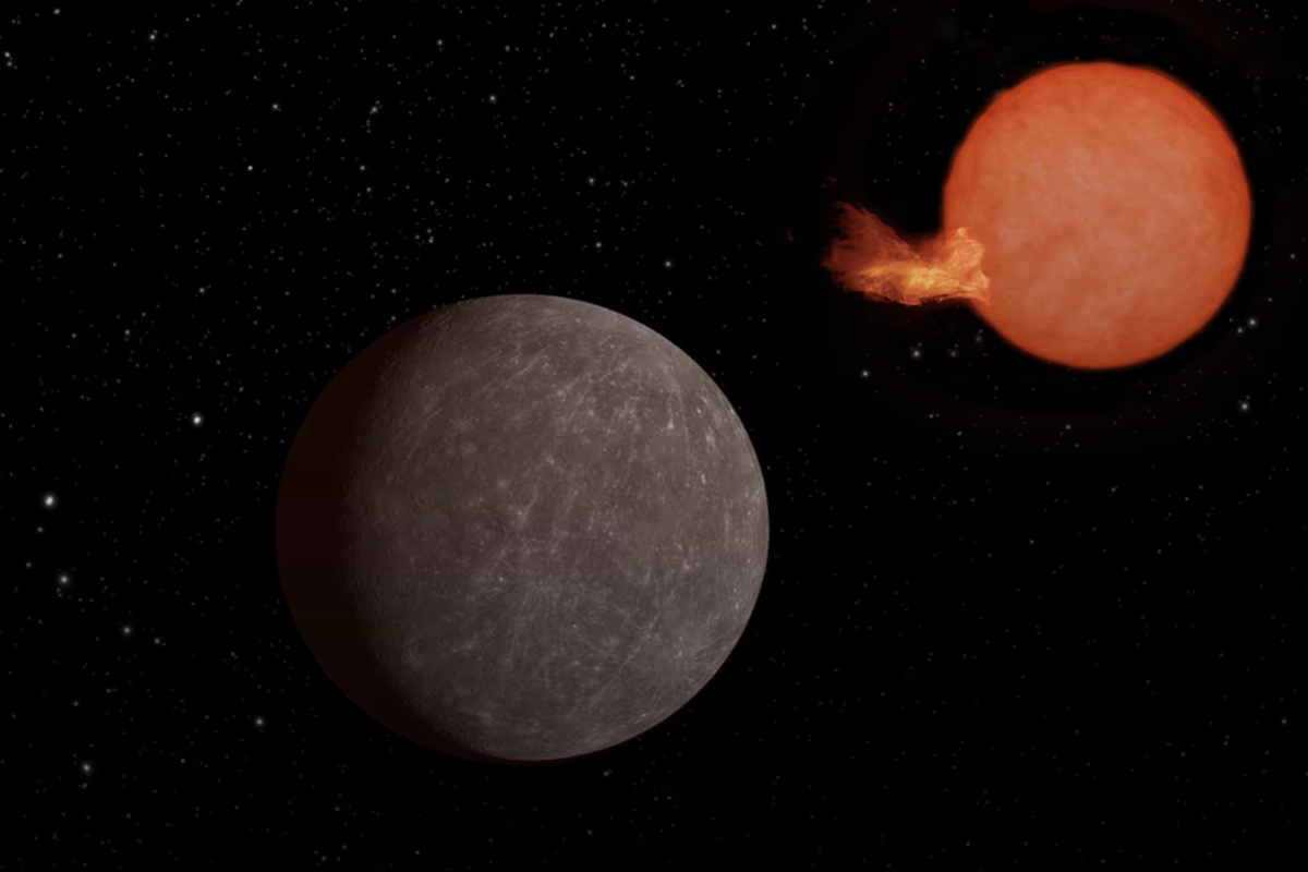 Ilustrasi planet ekstrasurya Speculoos-3 b seukuran Bumi yang mengorbit bintangnya.