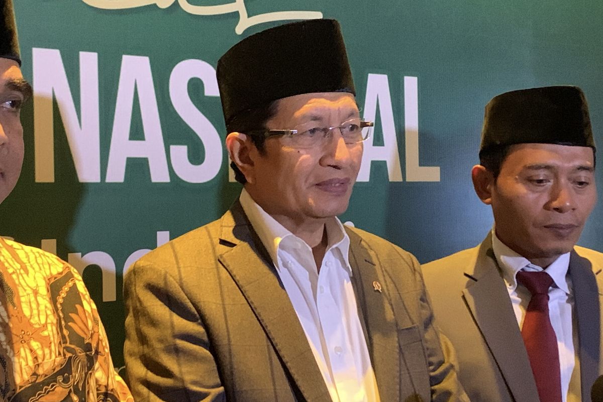 Menteri Agama (Menag) Nasaruddin Umar saat ditemui dalam agenda Rapat Kerja Nasional (Rakernas) Badan Wakaf Indonesia 2025 di Jakarta Pusat, Selasa (5/8/2025).