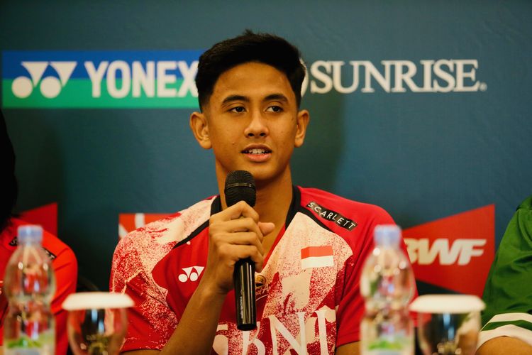 Pemain tunggal putra Indonesia, Alwi Farhan saat konferensi pers Indonesia Masters 2023 di Albasia Room Hotel Alana Surabaya, Jawa Timur, Senin (23/10/2023) siang.