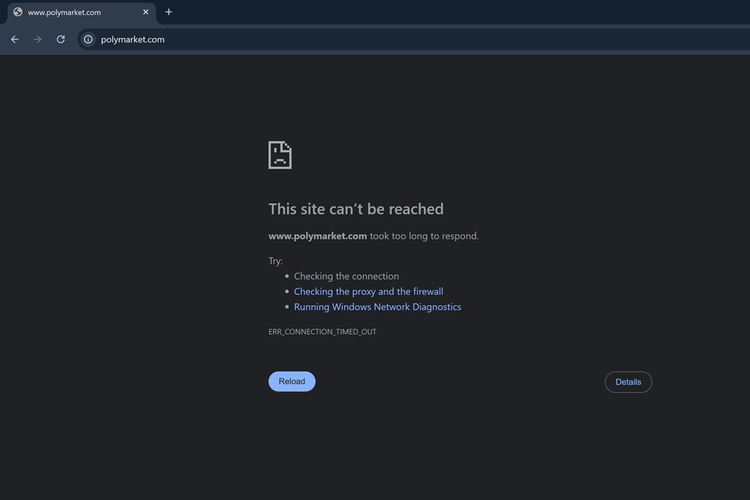 Tampilan situs Polymarket yang tidak bisa diakses karena dibatasi oleh Komdigi