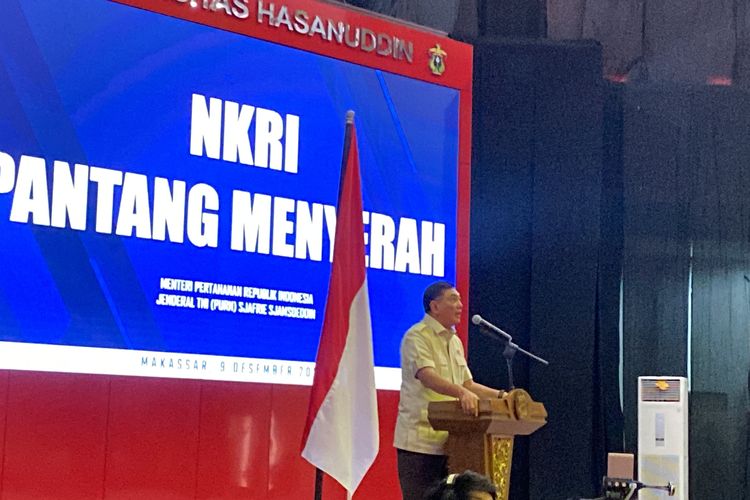 Menhan, Sjafrie Sjamsoeddin saat membawa kuliah umum di Unhas Makassar, Selasa (9/12/2025)