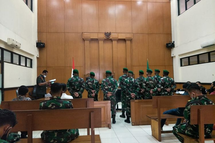 Sidang tuntutan kasus penganiayaan berujung kematian yang melibatkan 11 anggota TNI di Pengadilan Militer II-08, Penggilingan, Jakarta timur, Selasa (17/11/2020).