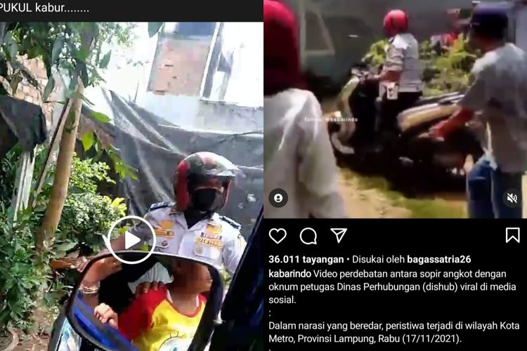 Kolase tangkapan layar unggahan viral oknum Dishub Kota Metro, Lampung, memukul sopir karena gagal menilang.