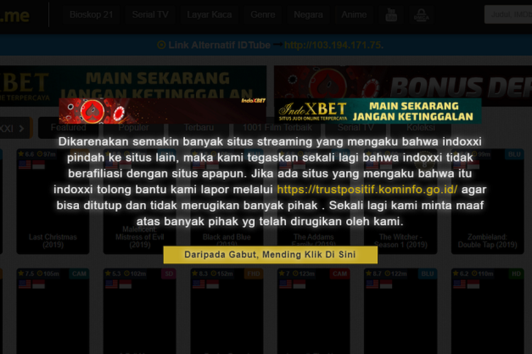 Tangkapan layar pengumuman IndoXXI yang mengatakan bahwa mereka tidak memiliki situs streaming film yang berafiliasi dengan mereka.