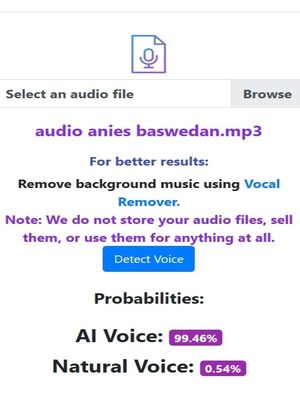 Tangkapan layar pengecekan AI Voice Detector terhadap suara Anies Baswedan