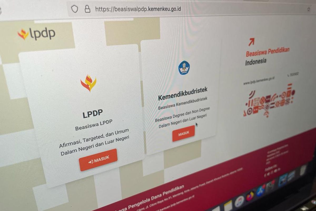 Tampilan website beasiswalpdp.kemenkeu.go.id untuk melakukan pendaftaran beasiswa LPDP 2023 yang dibuka mulai hari ini, Rabu (25/1/2023).