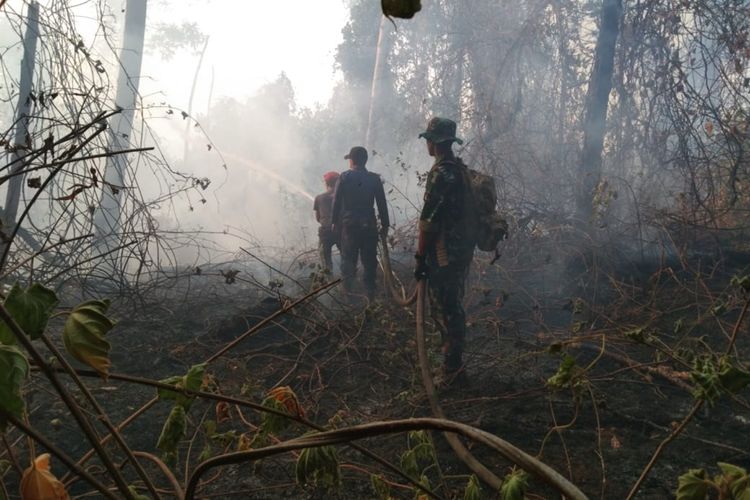 Petugas gabungan terus berupaya memadamkan api yang membakar lahan hutan lindung di Gunung Tampomas, Sumedang, Jawa Barat, Jumat (25/10/2019). Dok. Pendim Sumedang