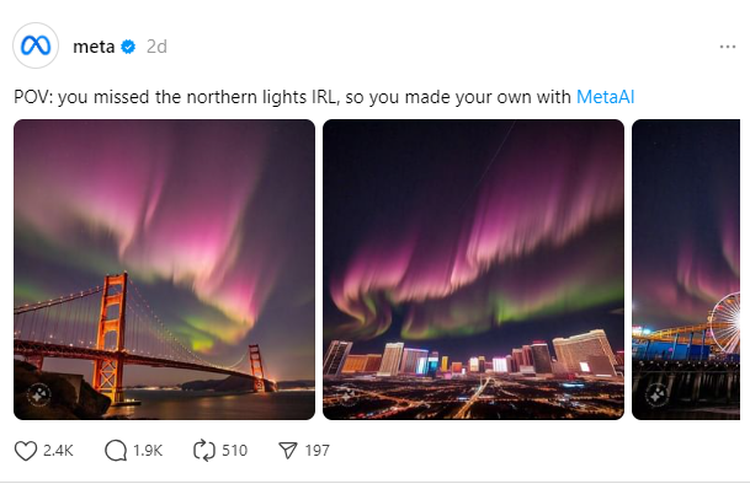 Tangkapan layar posting Meta di Threads yang menampilkan gambar Aurora Borealis hasil olahan AI.