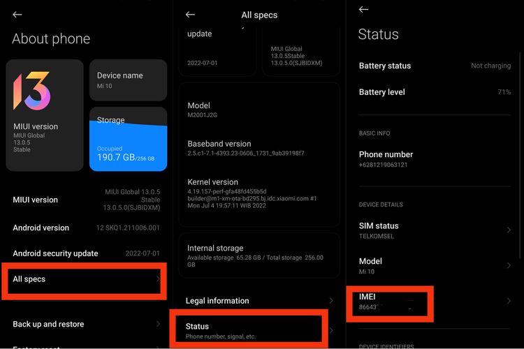 Cara cek IMEI di HP Xiaomi via menu pengaturan.