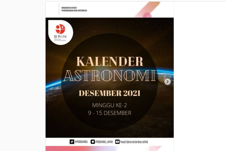 Kalender Astronomi yang dirilis LAPAN, 9-15 Desember 2021.