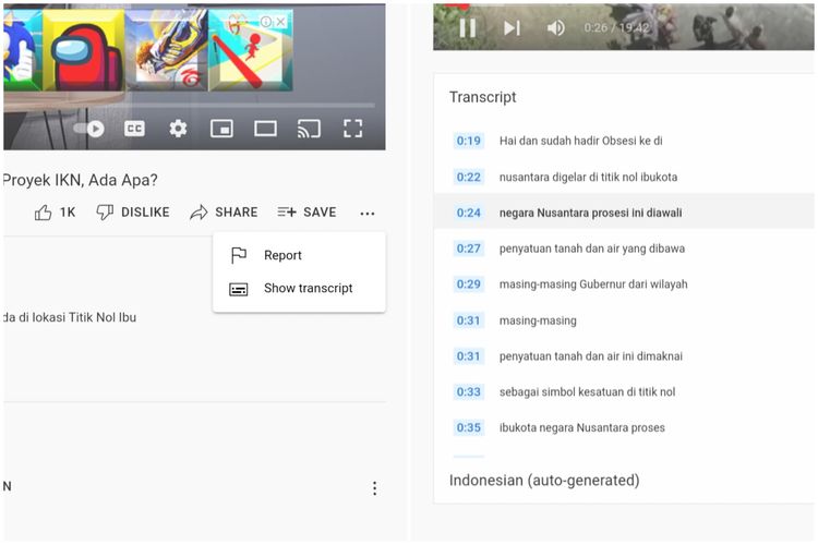 Cara menampilkan transkrip video di YouTube versi web atau desktop.