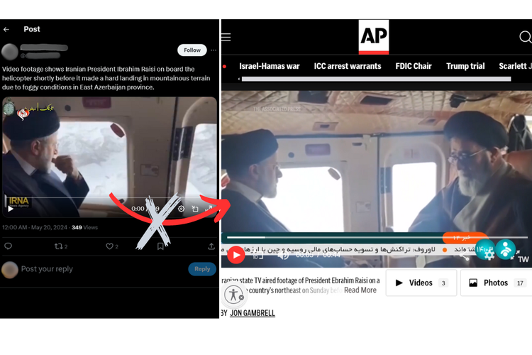 Perbandingan video dari akun X dan  Associated Press, saat Presiden Iran Ebrahim Raisi menaiki helikopter untuk mengunjungi Bendungan Nemroud pada Januari 2024 dan klip sebelum kecelakaan helikopter pada Senin (20/5/2024).