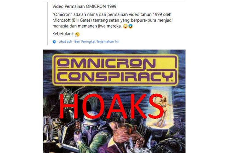 Tangkapan layar unggahan Facebook tentang hoaks game Omikron 1999 buatan Bill Gates