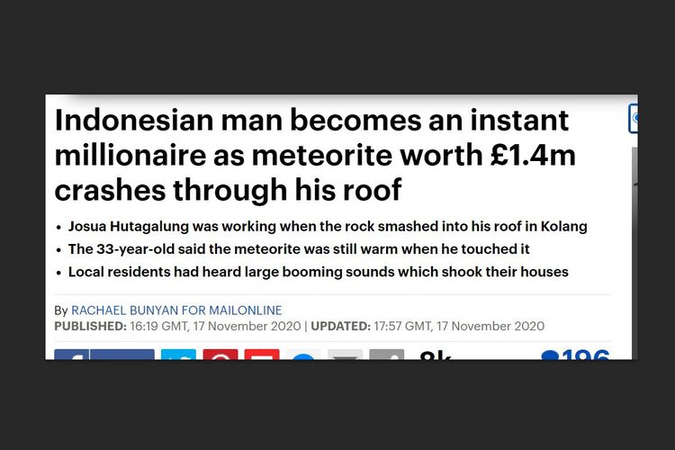 Tangkapan layar dari berita Daily Mail tentang Josua Hutagalung yang menjual batu meteor senilai Rp 26 miliar.