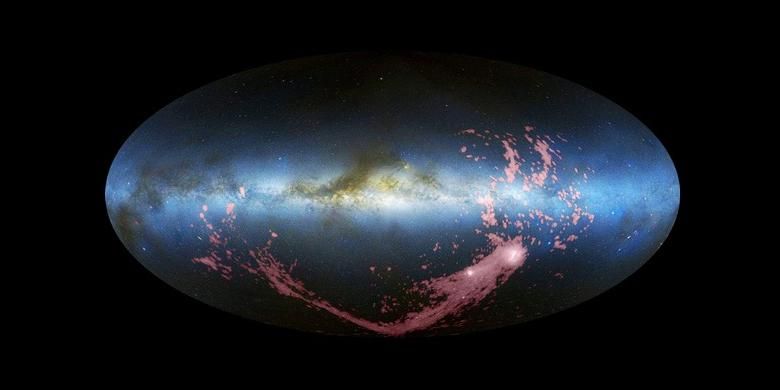 Sungai Magellan, struktur pita yang terdiri atas gas, mengelilingi setengah galaksi Bimasakti.