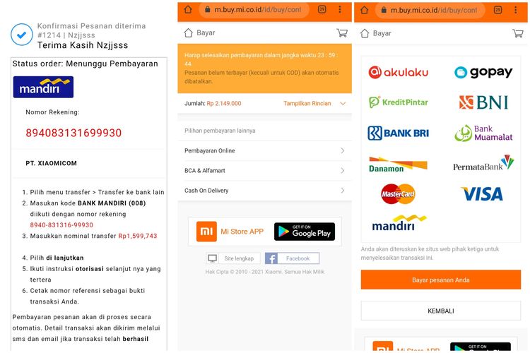Pembayaran di situs palsu Xiaomi (kiri) dan situs asli Xiaomi (tengah dan kanan)