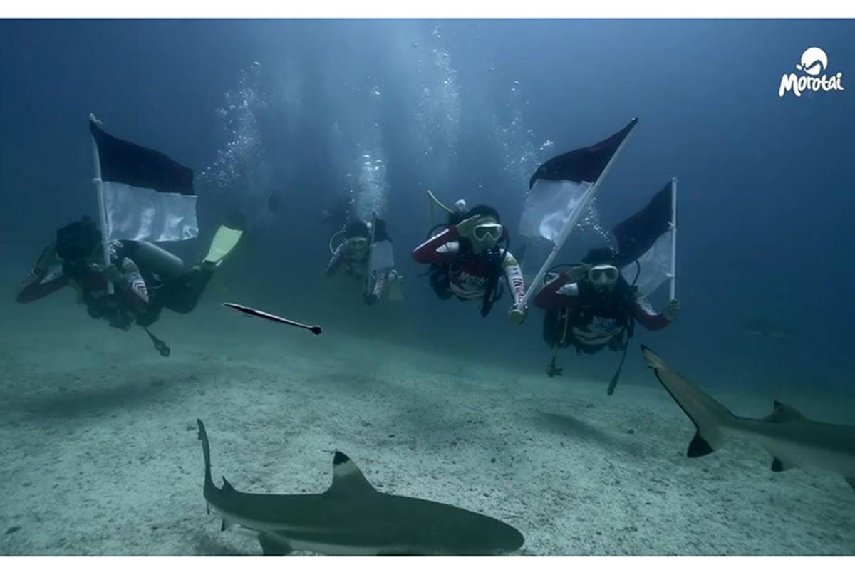 Pengibaran bendera merah putih di bawah Laut Morotai. 