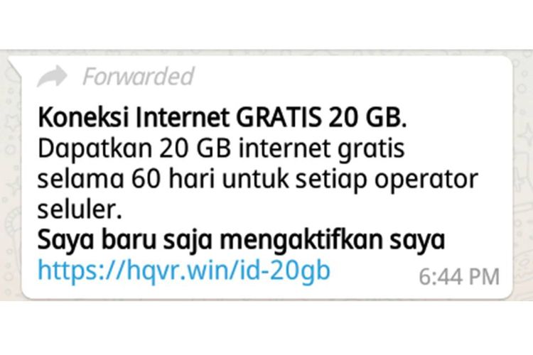 Isi pesan berantai tentang gratis kuota 20GB.