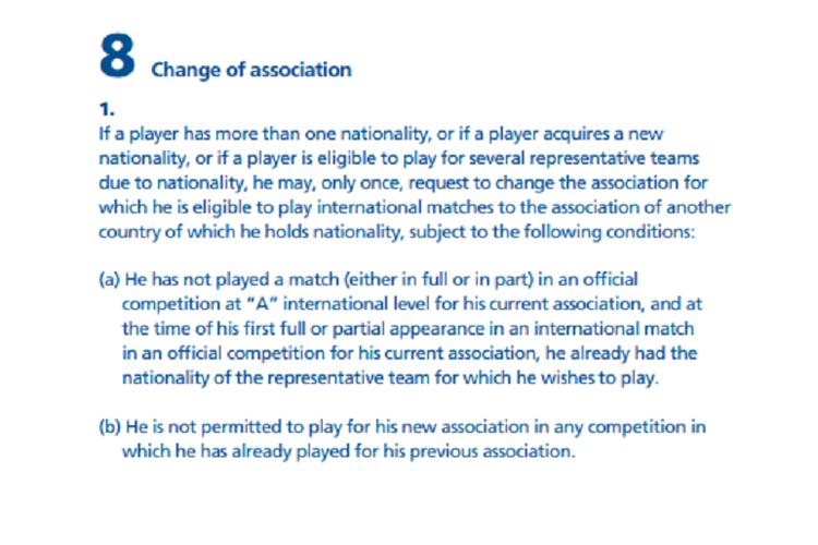 Pasal dalam Statuta FIFA yang membahas status pemain berganti kewarganegaraan dan hendak membela timnas negara barunya. 
