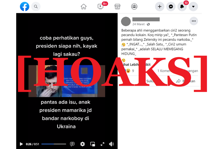 Tangkapan layar unggahan hoaks di sebuah akun Facebook, mengenai video presiden Ukraina yang sering mengendus dan memegang hidung bukti pecandu narkoba.