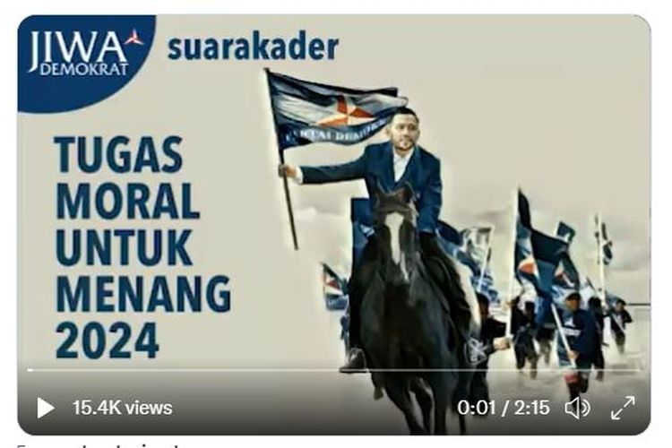 Video yang beredar di internal Partai Demokrat menampilkan sosok sang ketua umum, Agus Harimurti Yudhoyono menunggangi kuda hitam. Gambaran ini representasi dari pesan AHY agar Partai Demokrat bisa menjadi kuda hitam, tak diperhitungkan tapi bisa meraih kemenangan dalam Pemilu 2024.