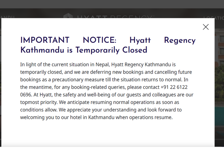 Hyatt Regency di Kathmandu tutup sementara, imbas kerusakan yang terjadi saat demonstrasi di Nepal.