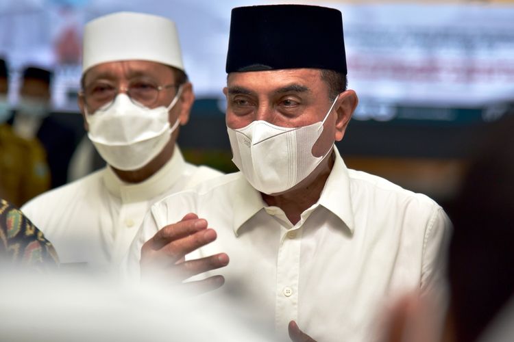 Gubernur Sumut Edy Rahmayadi usai mengikuti Doa Bersama Lintas Agama dalam rangka menghadapi Covid-19 di Sumut di Aula Tengku Rizal Nurdin, Selasa (30/3/2021)