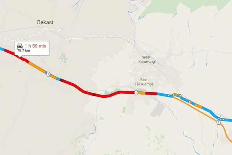 Kepadatan dalam tol menuju Cikampek yang terpantau google map pada Jumat (25/12/2015) pukul 09.17 WIB.