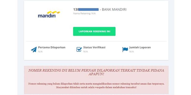 Tangkapan layar hasil pengecekan suatu nomor rekening di situs CekRekeningID Kominfo.