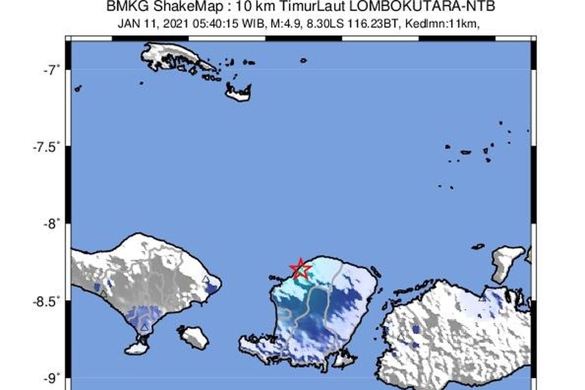 Lombok Utara, NTB, diguncang gempa M 4,9 pada Senin pukul 5.40 WIB.