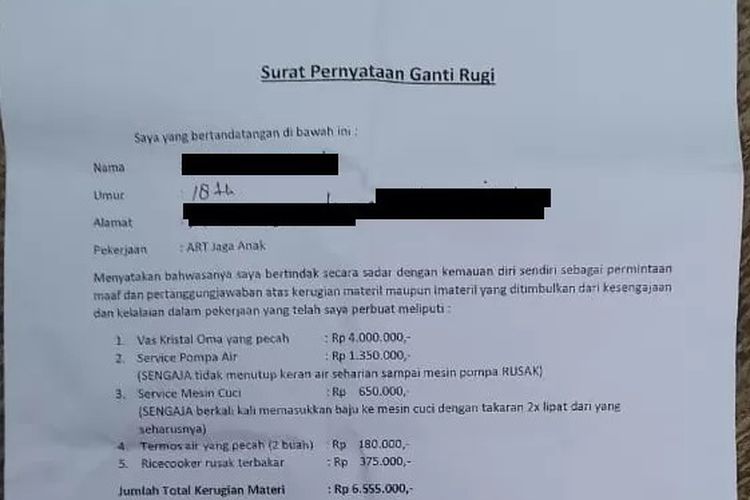 ?Surat pernyataan yang ditanda tangani RN sehari sebelum dipulangkan ke kampung halamannya di Cianjur. Ia hanya membawa uang Rp2,8 juta untuk bekerja selama enam bulan setelah dipotong majikan.