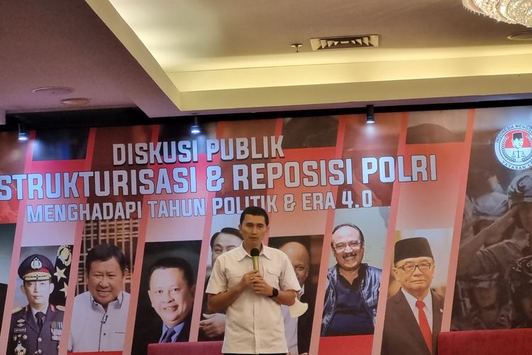 Wakaposko Presisi Polri Kombes Pol Indarto di Diskusi Publik bertema Restrukturisasi dan Reposisi Polri Menghadapi Tahun Politik dan Era 4.0 di Hotel Diradja, Jakarta, Selasa (31/1/2023).