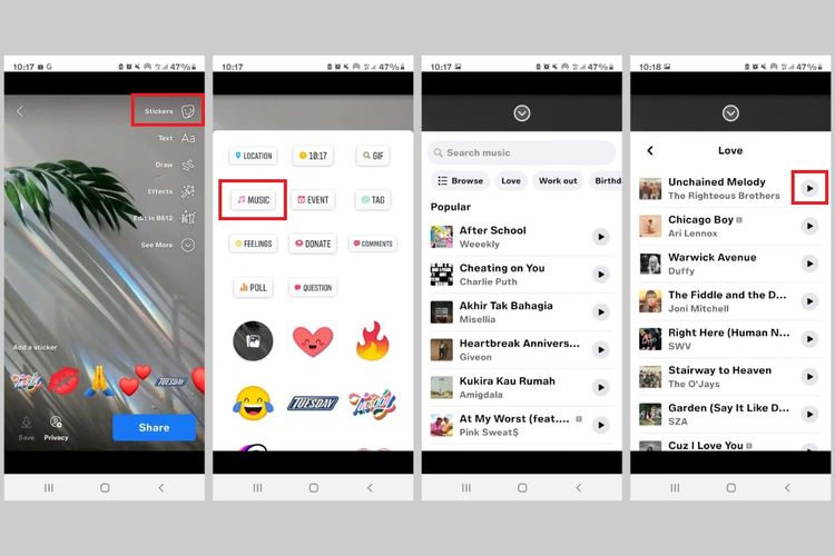 Cara menggunakan fitur stiker musik untuk membuat postingan di Facebook Story