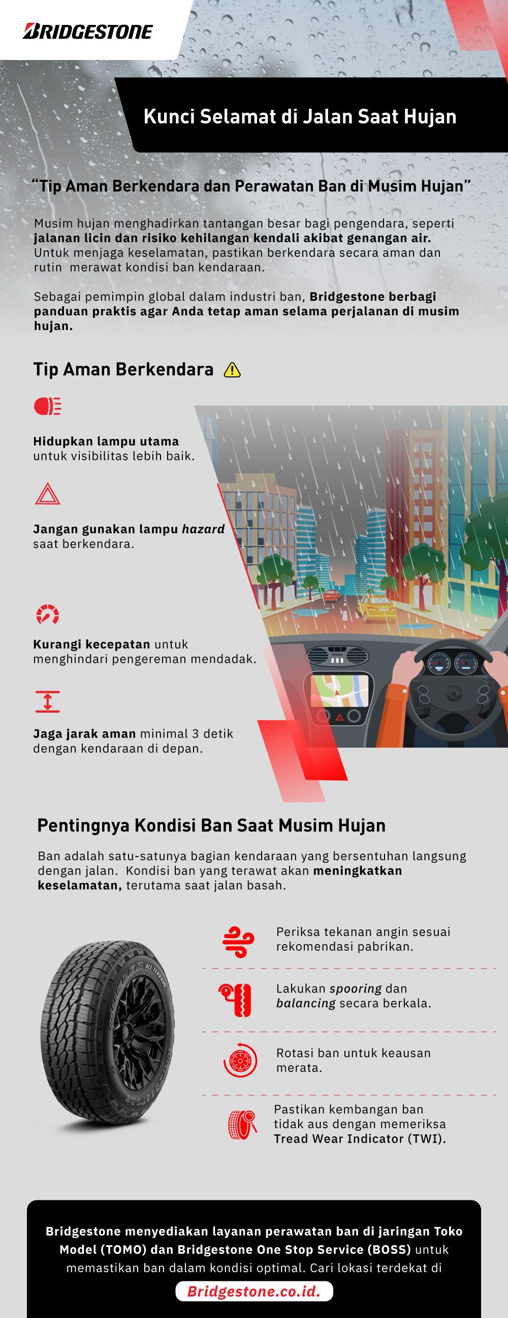 Infografis tip aman berkendara dan perawatan ban di musim hujan.