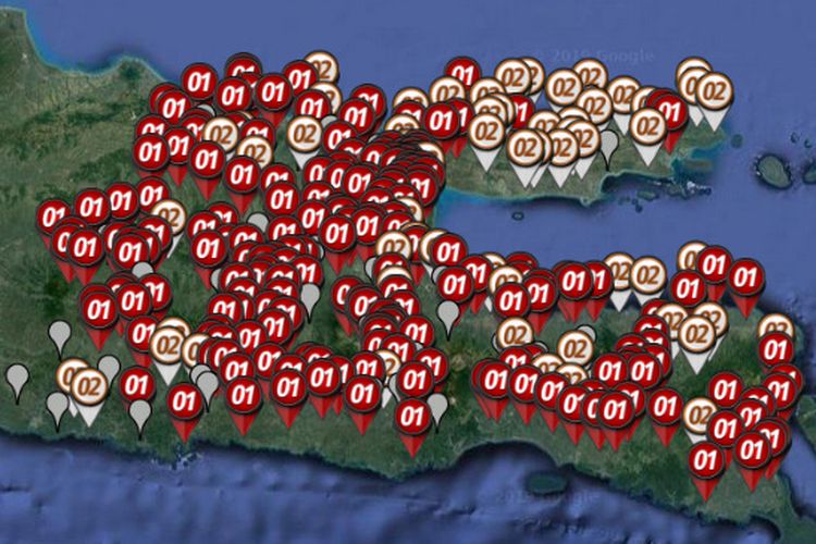 Peta sebaran hitung cepat atau quick count Pilpres 2019 yang dirilis oleh Litbang Kompas pada Rabu (17/4/2019) hingga pukul 21.00 WIB di di Jawa Timur.