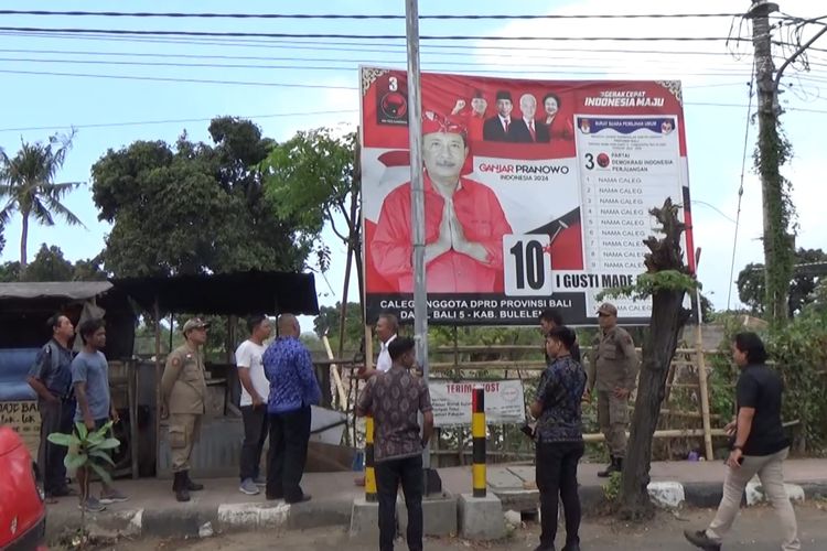 Sat Pol PP Kabupaten Buleleng mencopot baliho kampanye salah satu caleg di Kabupaten Buleleng, Provinsi Bali, Selasa (14/11/2023) karena dipasang sebelum masa kampanye