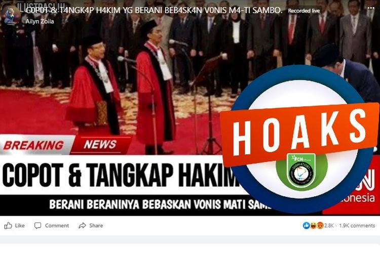 Tangkapan layar Facebook narasi yang menyebut hakim agung yang meringankan vonis Sambo ditangkap dan dicopot dari jabatannya