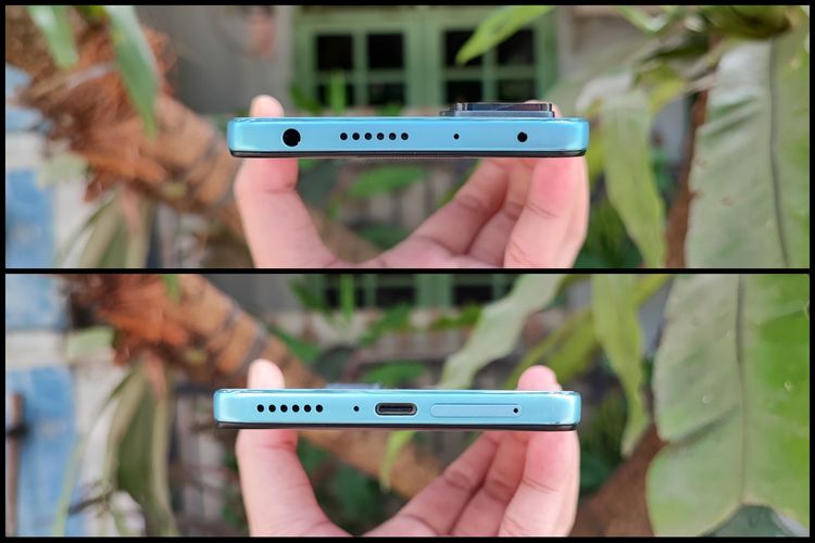 Sisi atas bodi Redmi Note 11 Pro (atas) dihiasi oleh colokan audio jack 3.5mm dan lubang speaker. Di sisi bawah (bawah), terdapat lubang speaker, port USB Type-C, serta slot kartu SIM.