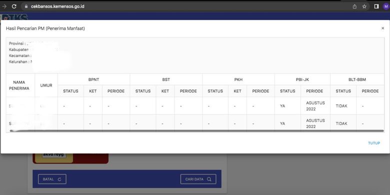 Tangkapan layar pengecekan penerima manfaat bansos Kemensos
