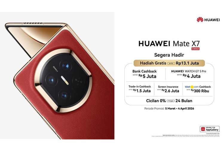 Selama periode promosi hingga Sabtu (4/4/2026), konsumen HUAWEI Mate X& berkesempatan memperoleh hadiah gratis dengan total nilai hingga Rp 13,1 juta. 