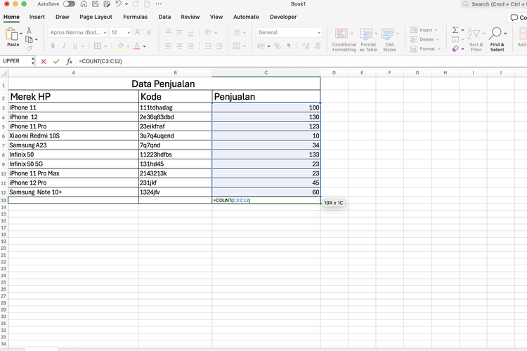 Ilustrasi cara penggunaan rumus COUNT di Excel