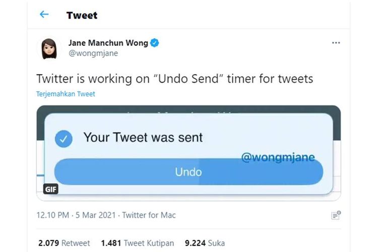 Tangkapan layar fitur Undo Send Twitter yang diunggah Jane Manchun Wong.