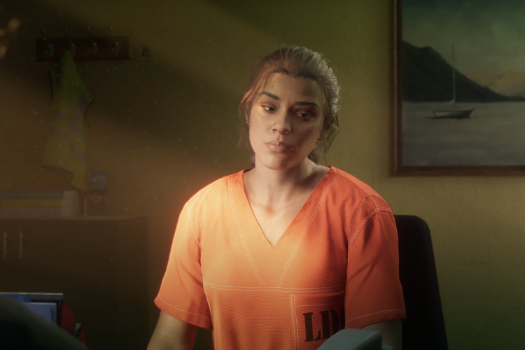 Ilustrasi karakter perempuan bernama Lucia di GTA VI (GTA 6) yang sedang diwawancarai pihak kepolisian